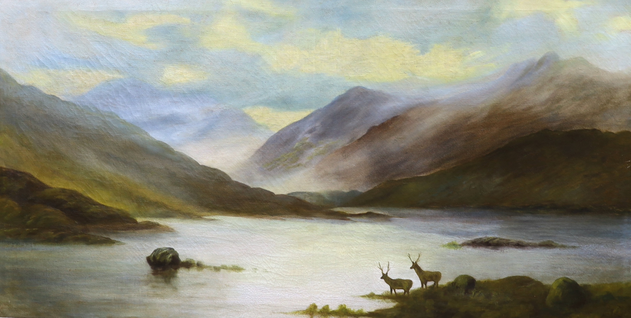 Victorian School, pair of oils on canvas, Extensive landscapes, Deer before mountains and River landscape, unsigned, each 63 x 126cm